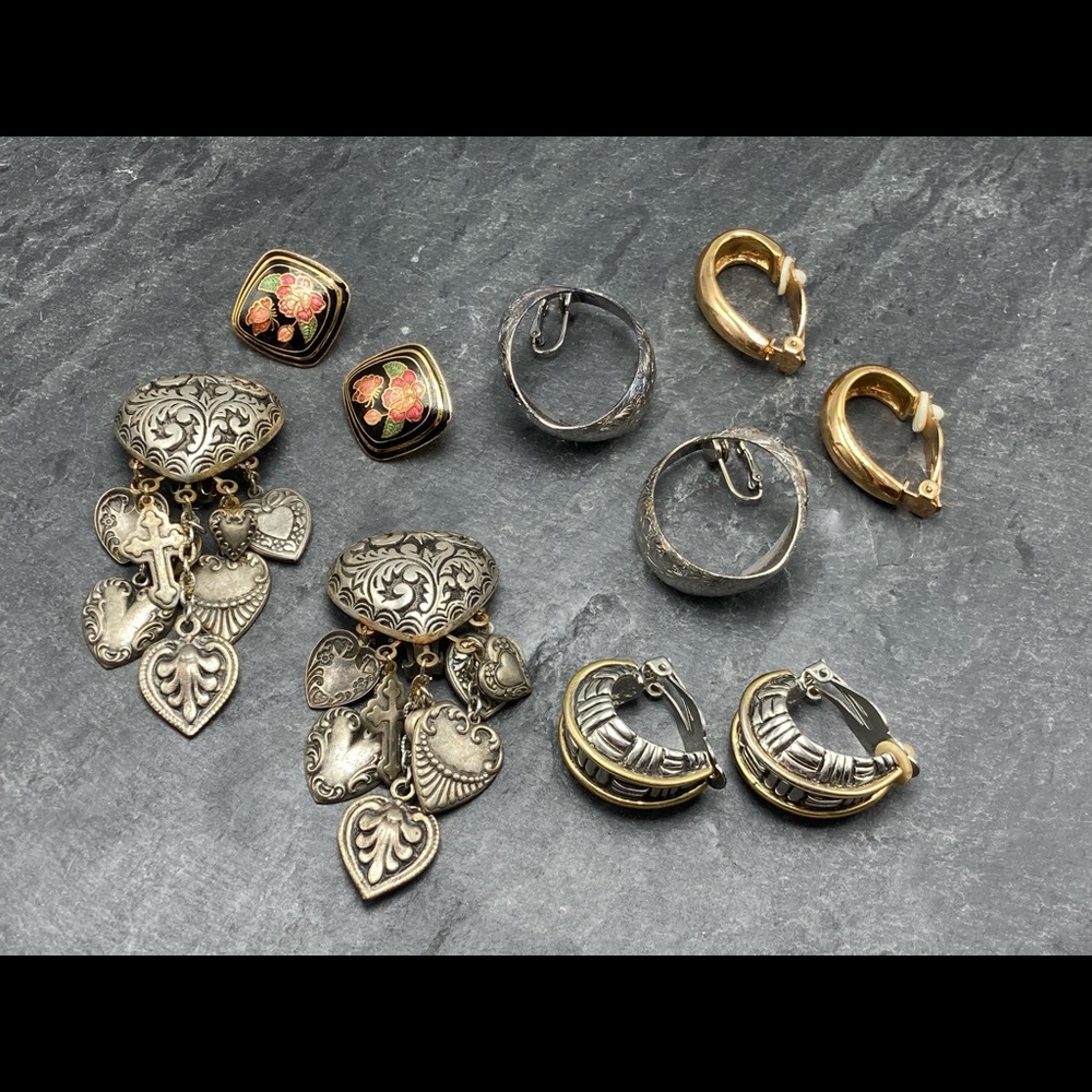CLIP-ON Women’s Vintage Bundle 5x pairs earrings silver gold cloisonné